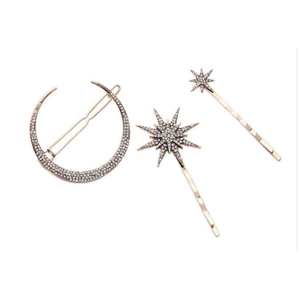 🖤 LAST ONE! 🖤 CRESCENT MOON & STARS GODDESS HAIR PIN BOBBY PIN BLING TRIO NWT - Picture 2 of 7